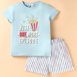 Lazy Bones Sinker Knit Half Sleeves Shorts Night Suit with Just One More Episode Print -Sky Blue-image-77