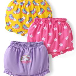 Babyhug 100% Cotton Knit Bloomers with Stars & Unicorn Print Pack of 3 - Yellow Pink & Lilac-image-52