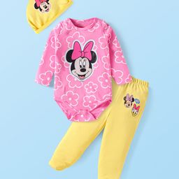 Babyhug Disney Interlock Knit FullSleeves Onesies with Cap and Diaper Leggings Set with Minnie Mouse Grpahics - Pink & Yellow-image-71