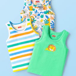 Babyhug 100% Cotton Single Jersey Knit Sleeveless Sandos With Striped & Animal Print Pack Of 3 - Green White & Yellow-image-19