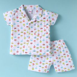 Ben Benny 100% Cotton Knit Half Sleeves Shorts Co-Ord Night Suit With Tree Print - White-image-3