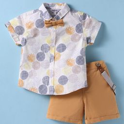ToffyHouse Poplin Woven Half Sleeves Shirt & Shorts Set with Bow Suspender & Geomentry Print- Light Brown & White-image-91