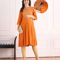 Bella Mama Viscose Woven Three Fourth Sleeves Ethnic Maternity Kurta with Embroidery & Glitter Print - Orange-image-75