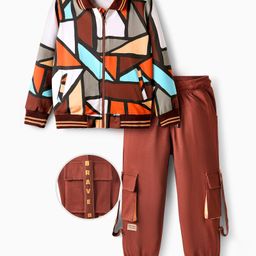 OLLINGTON ST. Looper Knit Full Sleeves Jacket & Joggers with Geometric Print - Multicolor & Wine-image-12