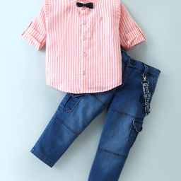 Dapper Dudes Full Sleeves Striped Shirt With Suspender Bow & Shorts Set - Peach-image-51
