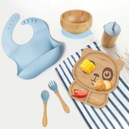 Kids Station 10 Piece Bamboo Feeding Set in Blue for Newborns and Toddlers Includes Panda Plate Spoon Fork Bowl Bib Sipper with Straw and Cap and Two Suction Rings BPA Free Eco Friendly-9