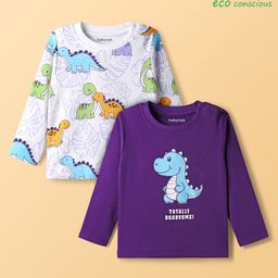 Babyoye 100% Cotton Knit Full Sleeves T-Shirt wIth Dino Print Pack of 2 - Purple & White-image-10