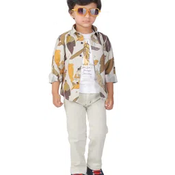 DOTSON Woven Full Sleeves Leaves Printed Shirt & Pant With Tee Set - Mustard-picture-17