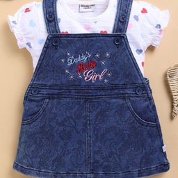 Wonderchild Daddys Little Girl Text Embroidered Pinafore Dress With Half Puffed Top Set - White & Designer Denim-image-87