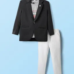 Dapper Dudes Full Sleeves Solid Blazer With Typography Printed Tee & Pant Set - Black-picture-7