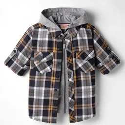 Rikidoos Full Sleeves Checked Shirt With Attached Hooded Tee - Navy Blue & Grey-picture-36