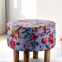 Ikiriya Grey & Pink Printed Round Wooden Ottomans-picture-34
