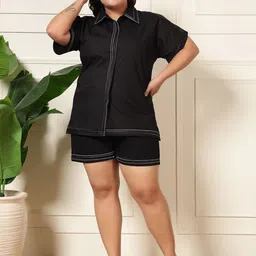 DEEBACO Plus Size Cotton Shirt Collar Neck Shirt With Shorts Co-Ords-91