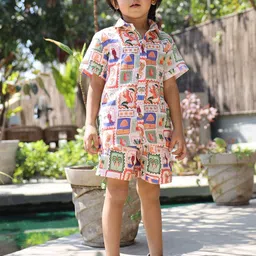 Funny Bones Clothings Boys Printed Linen Shirt With Shorts-image-21