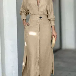 Outzidr Women solid Slits Shirt Maxi Dress-image-88