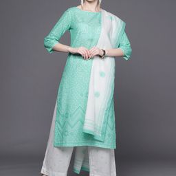 Biba Women Sea Green & White Bandhani Print Pure Cotton Kurta with Palazzos & Dupatta-picture-16