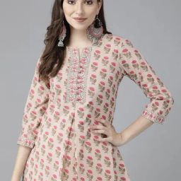 Rain and Rainbow Dusty Peach Cotton Floral Print A Line Kurti-image-55