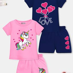 HERE&NOW Girls Pink & Blue Printed T-shirt with Shorts-image-88