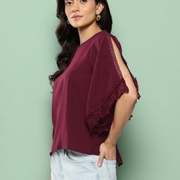 Killer Boat Neck Slit Sleeves Lace Insert Detail Top-picture-1