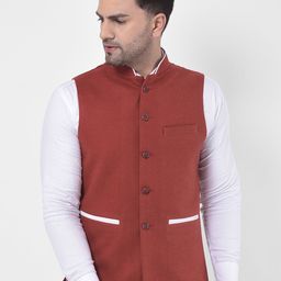 LUXURAZI Men Maroon Solid Woven Nehru Jacket-image-72