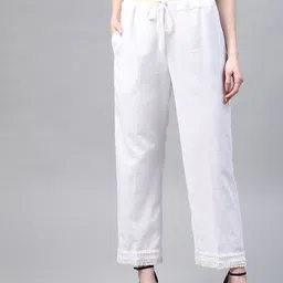 Laado - Pamper Yourself Women White Hem Design Cotton Handloom Straight Sustainable Palazzos-16