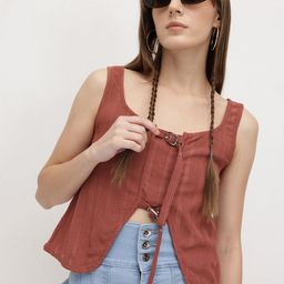 The Roadster Life Co. Vertically Self-Striped Scoop Neck Buckle Detail Asymmetric Hem Top-image-15