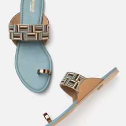 Anouk Women Blue & Rose-Gold Toned Beaded One-Toe Flats-12