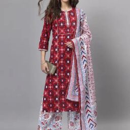 QOMN Maroon & Blue Cotton Embellished Kurta Palazzo Set With Dupatta-image-77