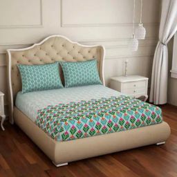 Spaces ATRIUM PLUS ECOM Teal Green Cotton 210 TC King Fitted Bedsheet with 2 Pillow Covers-7