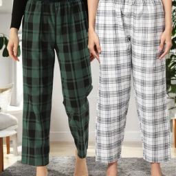 Kryptic White & Light Green Cotton Relaxed Fit Printed Lounge Pants - Pack of 2-image-82