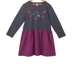 Miyo Girls Charcoal Grey & Pink Printed Knit A-Line Dress-image-93