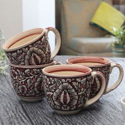 MIAH Decor Beige & Maroon 4-Pieces Printed Ceramic Cups Set-image-89