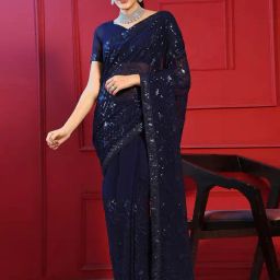 Satrani Blue Embroidered Saree With Unstitched Blouse-image-54