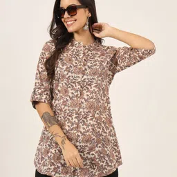 BAESD Floral Print Mandarin Collar Roll-Up Sleeves Ethnic Cotton Top-image-27