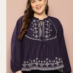 Sztori Plus Size Embroidered Tie-Up Neck Cotton Top-picture-22