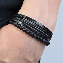 Jewels Galaxy Men Black Leather Multi Layer Beads Bracelets-image-90