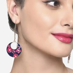 Zaveri Pearls Pink & Navy Blue Enamelled Floral Crescent Contemporary Drop Earrings-ZPFK16209-28