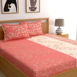 Dreamscape Peach-Coloured & Beige Floral 140 TC Cotton King Bedsheet With 2 Pillow Covers-6