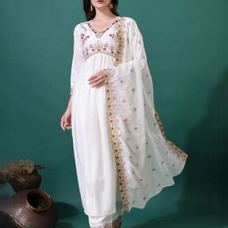 KALINI Floral Yoke Design V-Neck Thread Work Anarkali Kurta With Palazzos And Dupatta-picture-24
