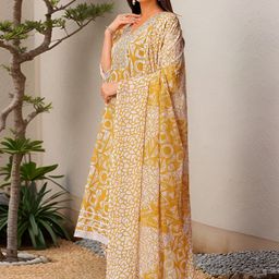 Banwaree Geometric Printed Thread Work Pure Cotton Anarkali Kurti With Trousers & Dupatta image 5