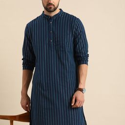 Anouk Men Navy Blue Striped Pure Cotton Kurta-39