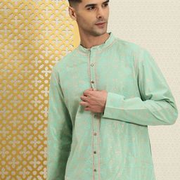 House of Pataudi Men Floral Printed Band Collar Pastels Jashn Kurta-picture-15