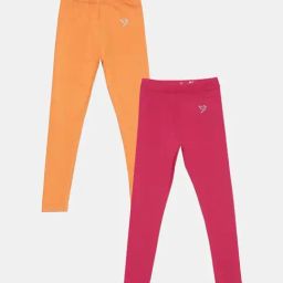 TWIN BIRDS Kids Pink & Orange Cotton Regular Fit Leggings (Pack of 2)-image-94