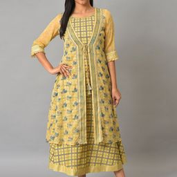 AURELIA Mustard Yellow & Blue Floral Print A-Line Midi Dress-picture-34