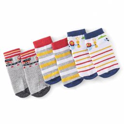 Cute Walk by Babyhug Cotton Blend Ankle Length Anti Skid Socks Stripes & Train Design Pack of 3 - Blue Grey & Yellow-picture-22