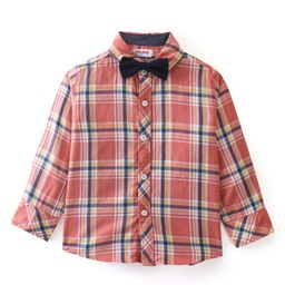 Babyhug Woven Full Sleeves Shirt Checkered with Bow - Peach-image-41