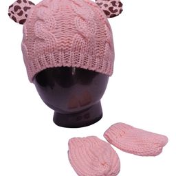 Tipy Tipy Tap Animal Ears Embellished Self Designed Fur Cap With Mittens - Pink-image-27