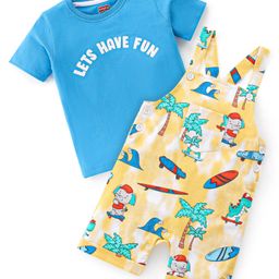 Babyhug Single Jersey Cotton Knit Dungaree with Half Sleeves Inner Tee Jungle Beach Theme  Print - Multicolour-image-82