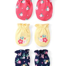 Babyhug 100% Cotton Interlock Knit Mittens with Floral Print Pack of 3 - Pink Yellow & Navy-image-49