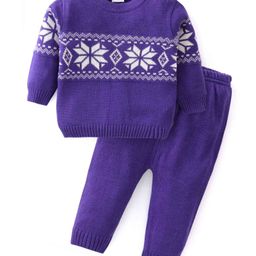 Babyhug Knit Full Sleeves Sweater Set With Floral Design - Purple-image-23